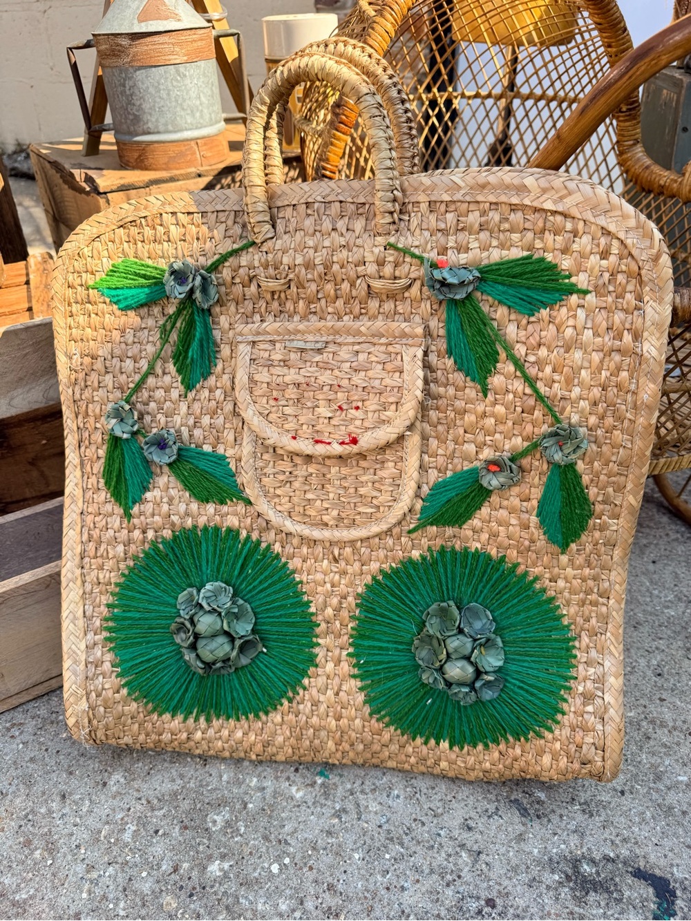 Handwoven Straw Tote Bag with Green Floral Embroidery